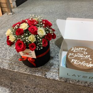 Elegant Red & White Rose Flower Box with Milky Malt Cake